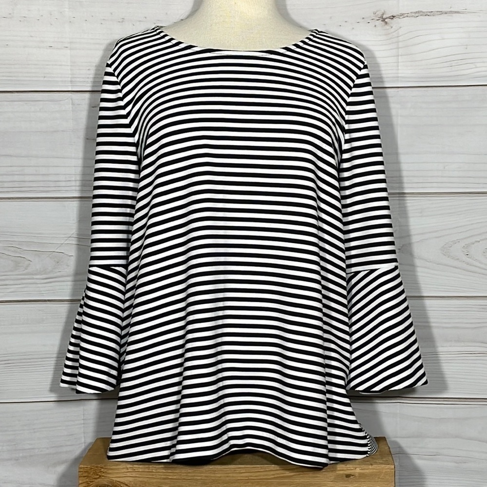Alfani Black & White Mixed Stripe Knit Top Bell Sleeves